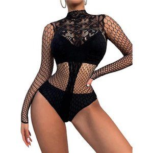 Women's Fishnet Teddy Lingerie Floral Lace Backless Long Sleeve One Piece